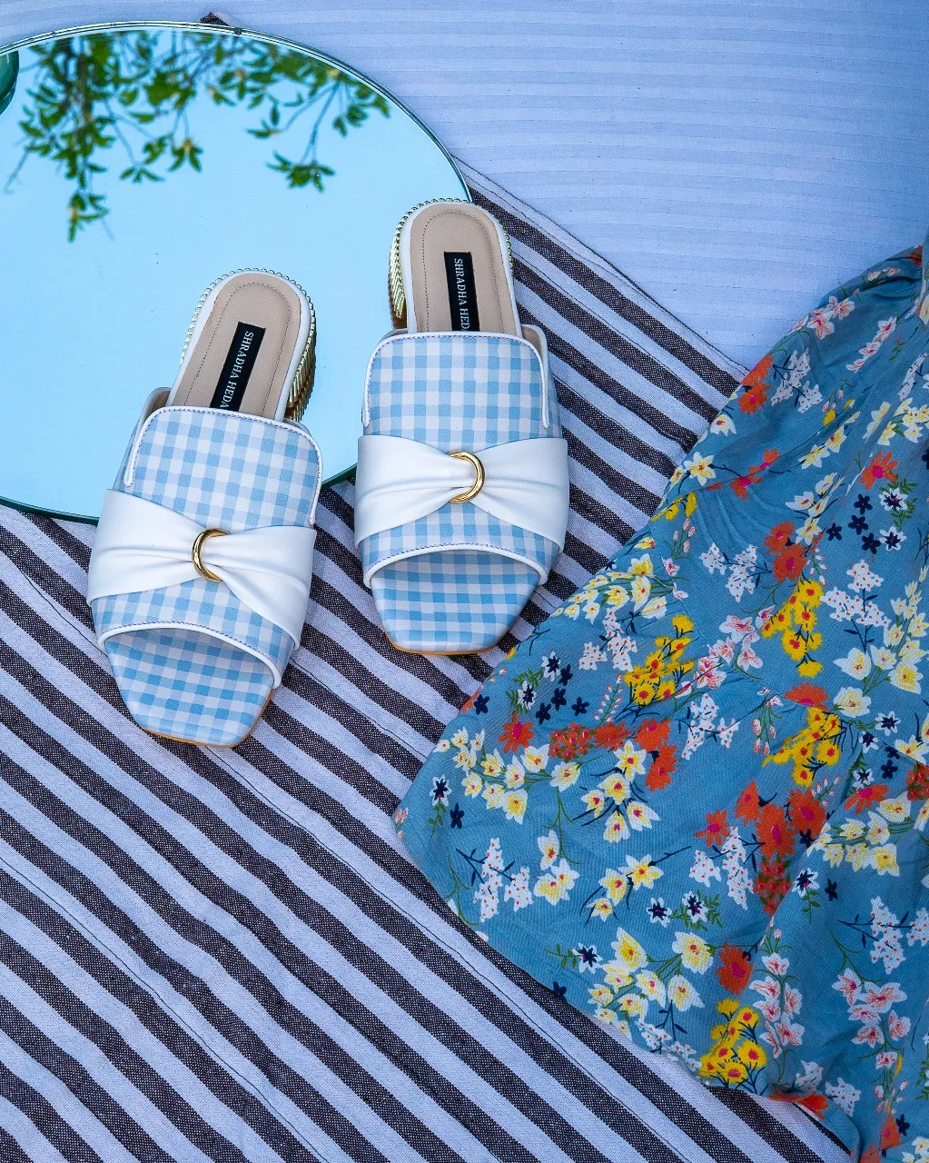 Sugarberry Collection White Gingham Heels from Golden Muslin By Shradha Hedau with metallic accent