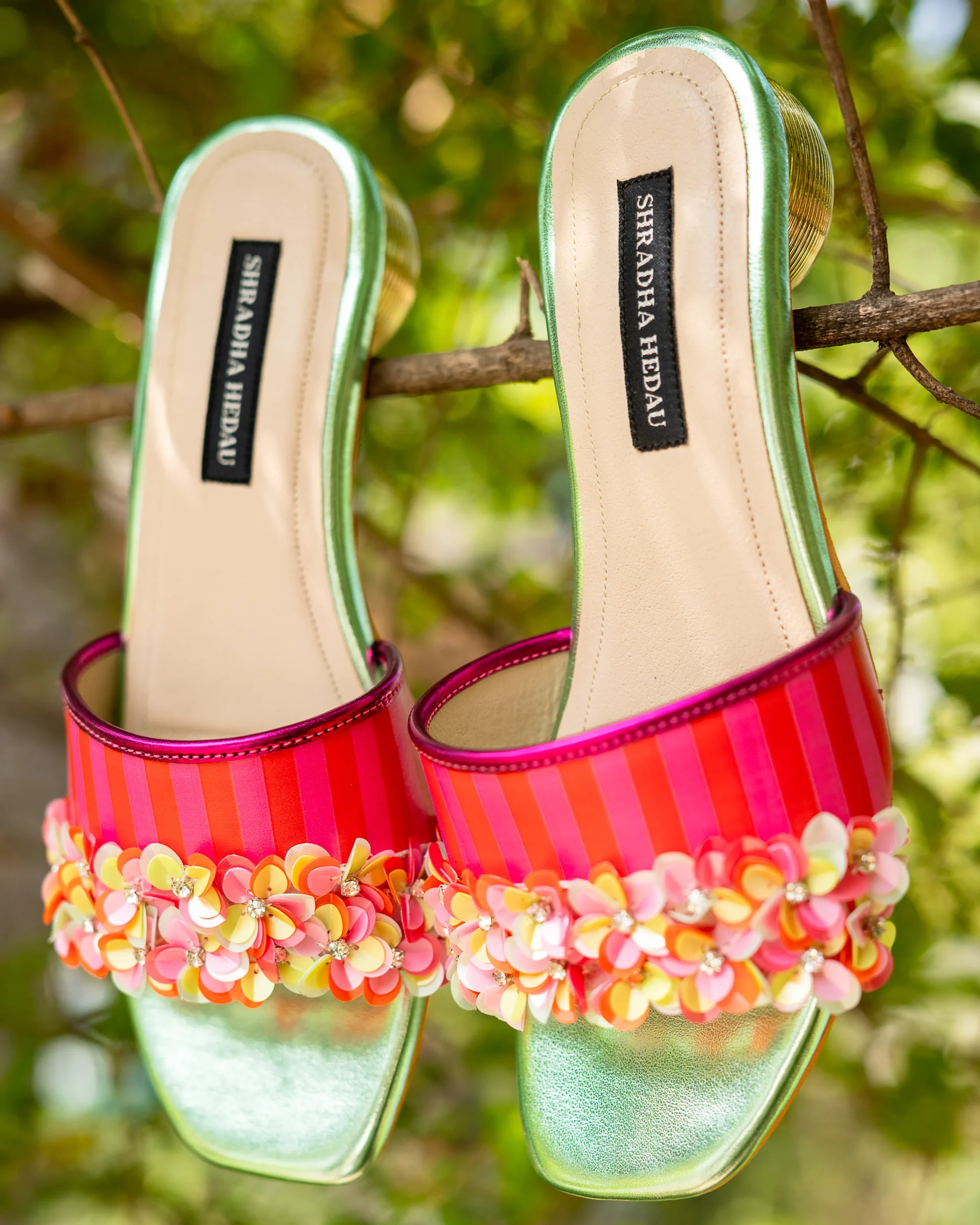 Melomkiss Collection Red Embellished Heels from Golden Muslin By Shradha Hedau with floral detailing