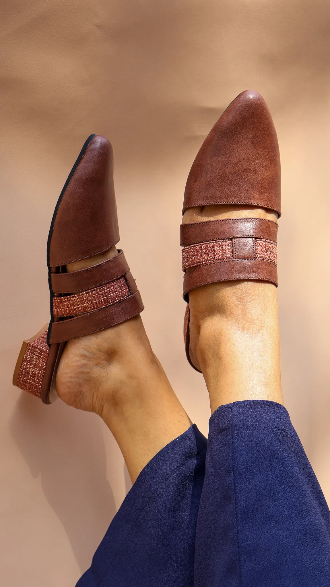 Roana Collection Tan Mule Heels from Golden Muslin By Shradha Hedau with dual straps