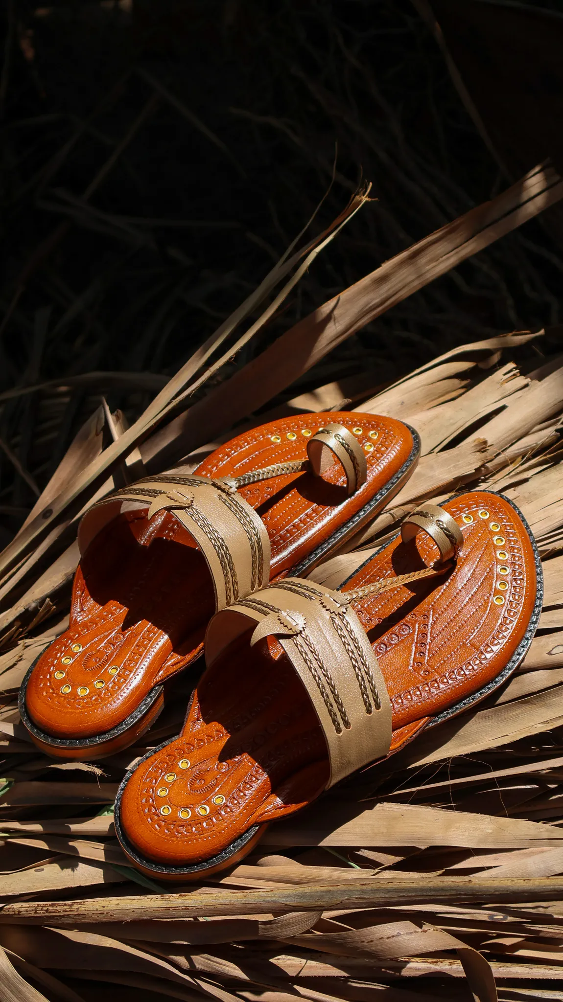 Aariz Collection Tan Leather Siders from Golden Muslin By Shradha Hedau with embellished cross straps