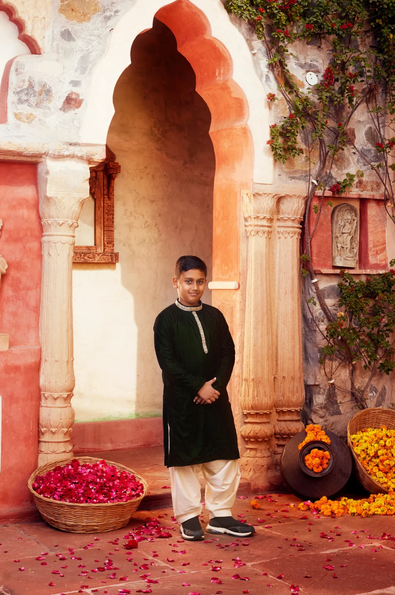 Elegant Dark Green Velvet Kurta Pajama Set for Boys from Golden Muslin By Choti Buti