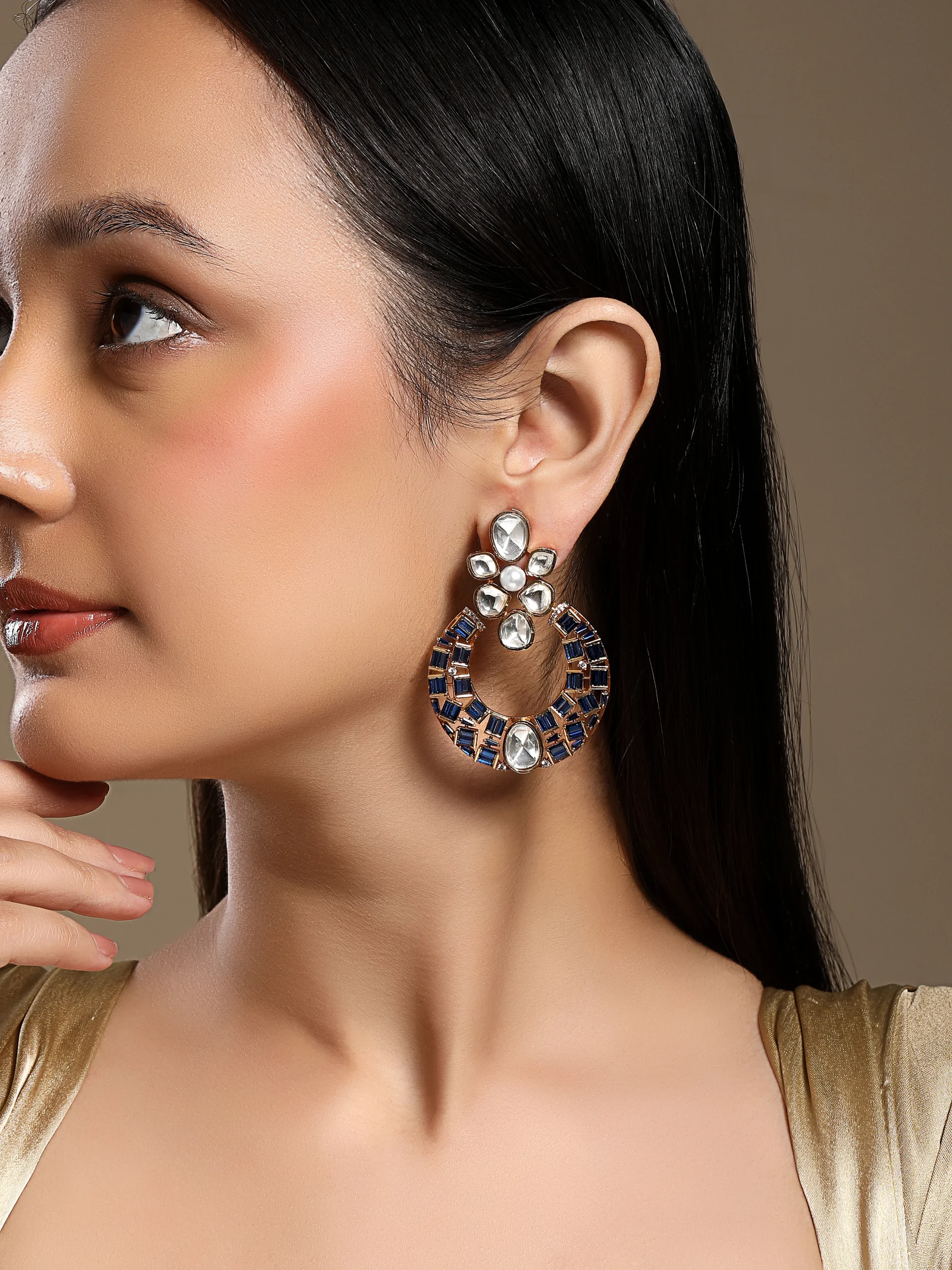 Blue Kundan Polki Chaandbali earrings in micron gold polished brass with agates and onyx tumbles from Golden Muslin By Hrisha