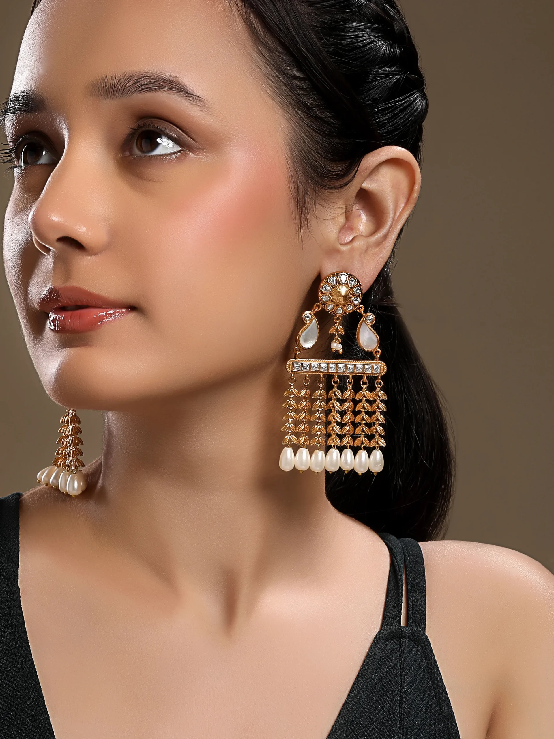 Kundan Polki Pearl Drop Dangler Earrings in micron gold polished brass with pearl drops from Golden Muslin By Hrisha
