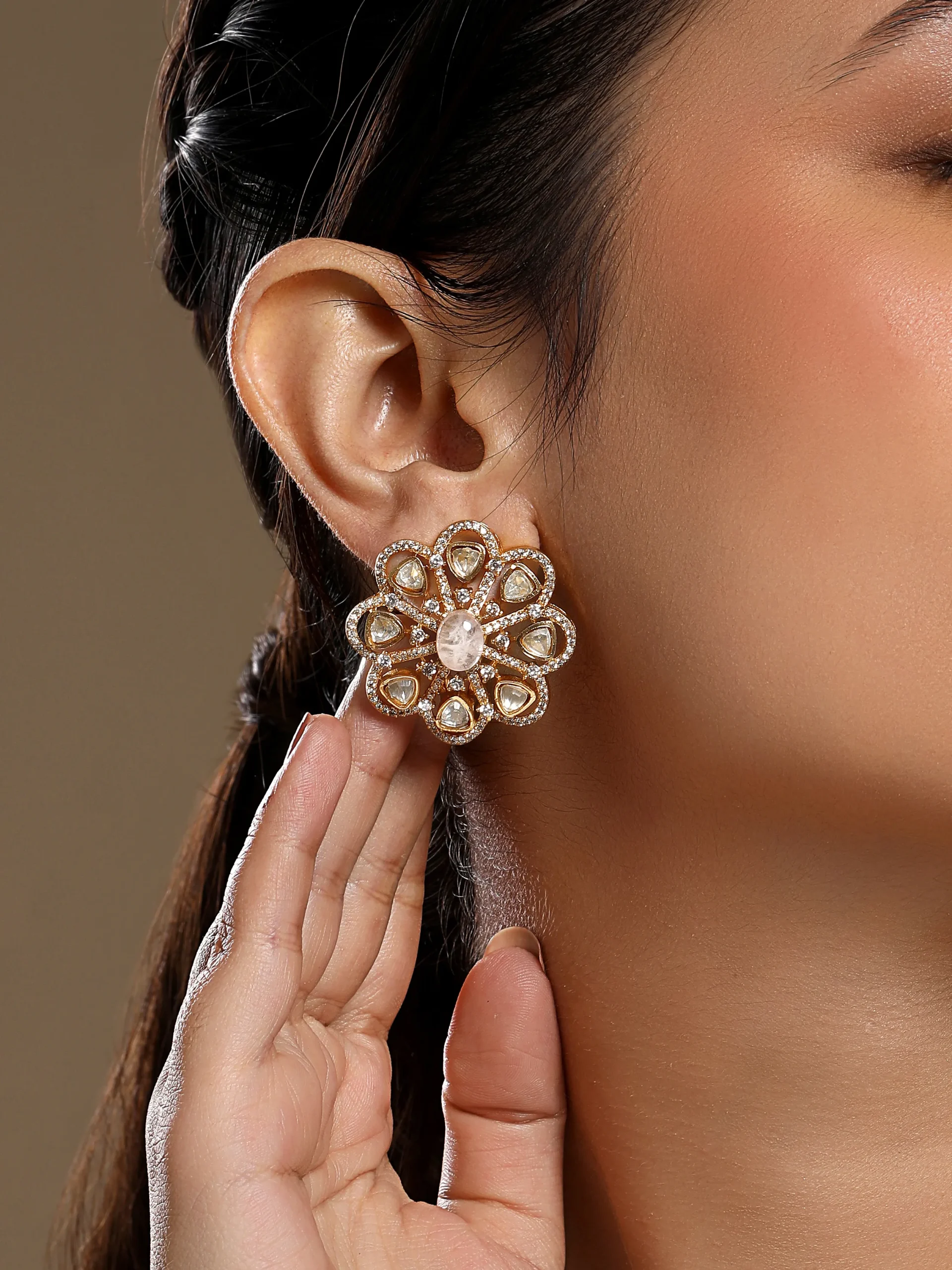Pink Kundan Polki floral stud earrings in micron gold polished brass from Golden Muslin By Hrisha