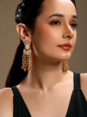 Kundan Polki Pearl Chain Dangler Earrings in Micron Gold Polish Brass