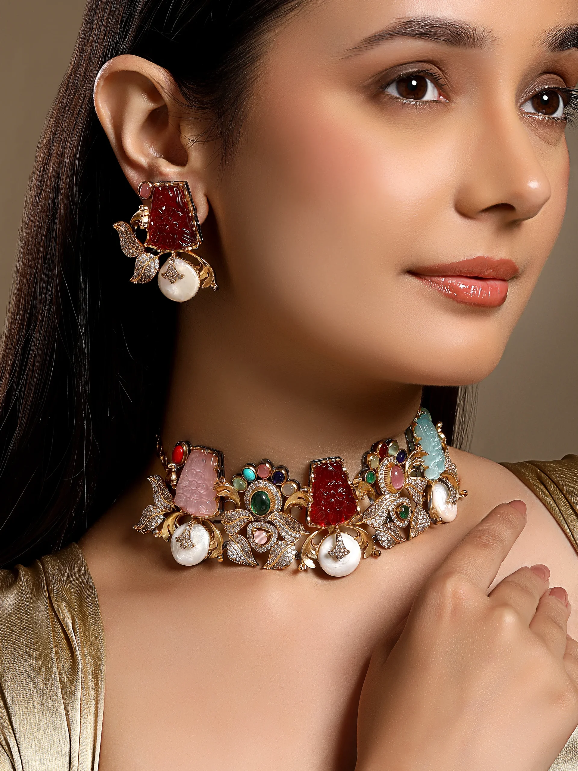 Multicolour Kundan Polki agate choker necklace set with pearl accents in micron gold polished brass from Golden Muslin By Hrisha