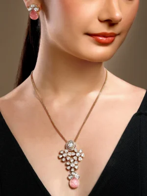 Pink Kundan Polki pendant long necklace set with pink agate drop in micron gold polished brass from Golden Muslin By Hrisha