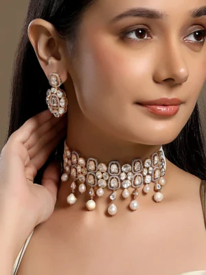 White Kundan Polki pearl drop choker necklace set in micron gold polished brass from Golden Muslin By Hrisha