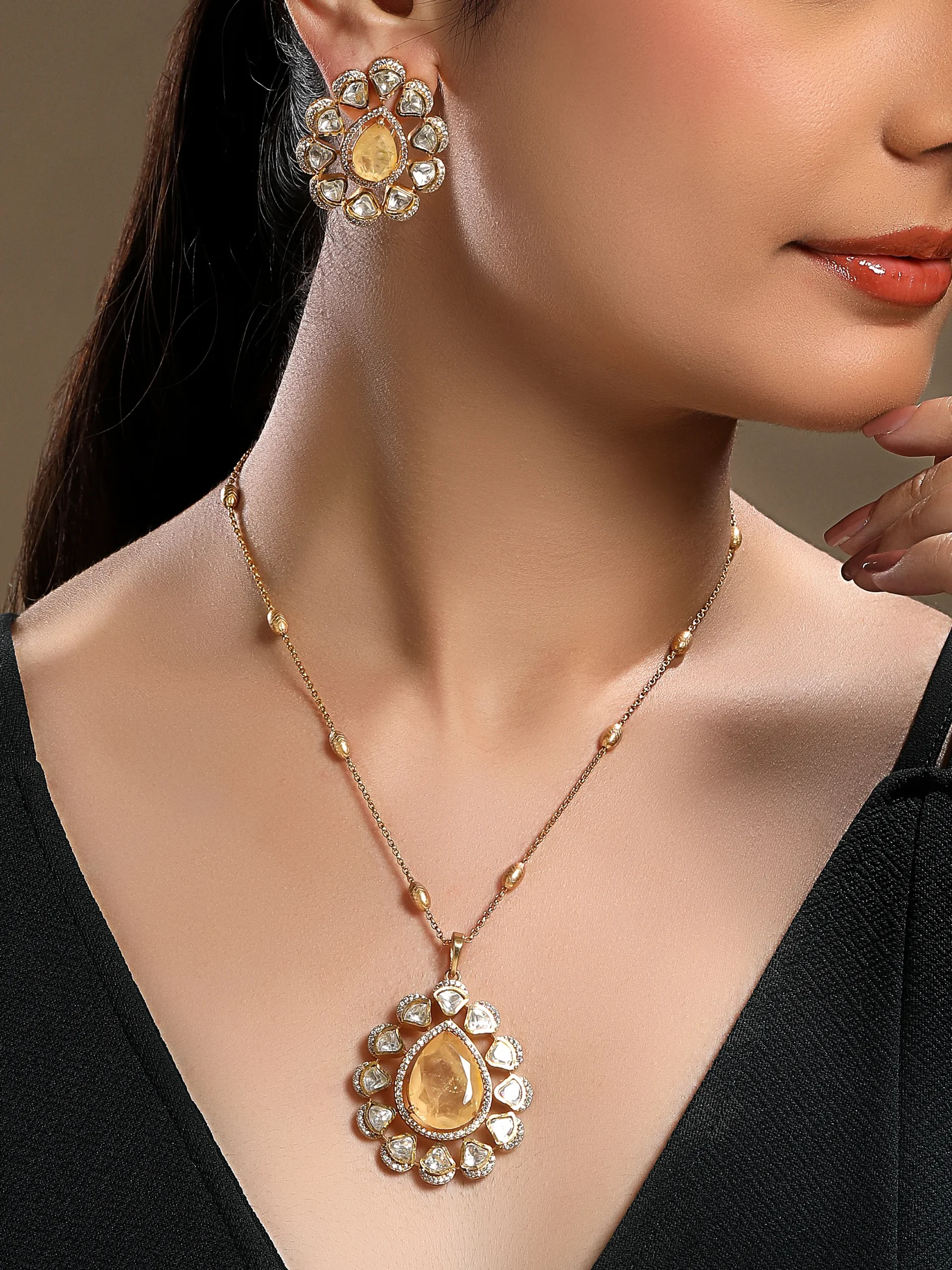 Peach Agate Kundan Polki pendant long necklace set with pearl accents in micron gold polished brass from Golden Muslin By Hrisha