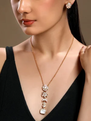 White Kundan Polki pearl drop pendant long necklace set in micron gold polished brass from Golden Muslin By Hrisha