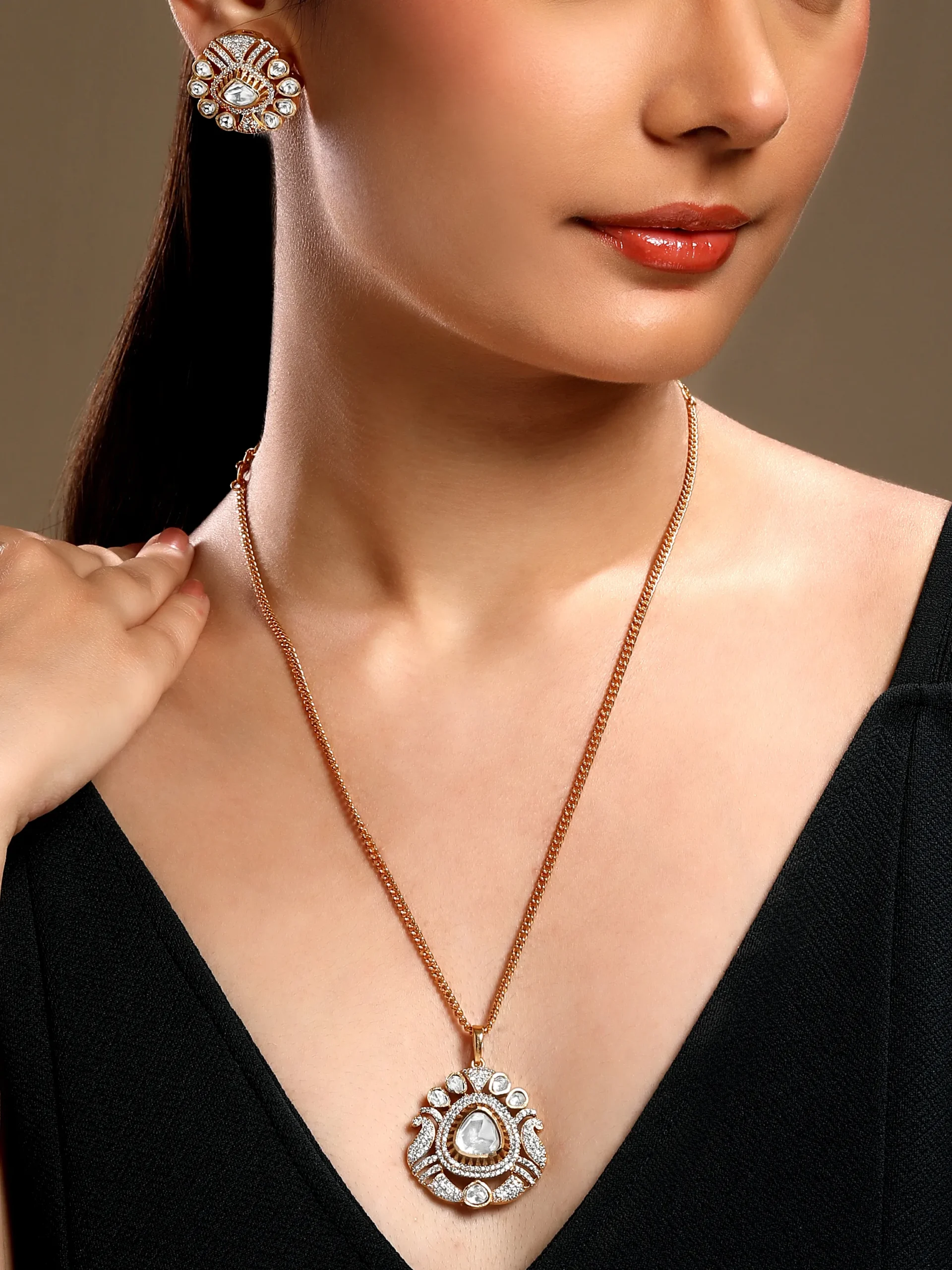 Kundan Polki statement pendant long necklace set with pearl accents in micron gold polished brass from Golden Muslin By Hrisha