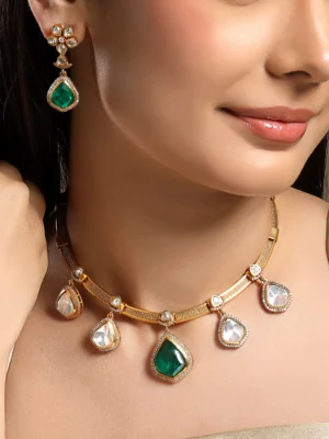 Green Agate Kundan Polki Hasli choker necklace set in micron gold polished brass from Golden Muslin By Hrisha