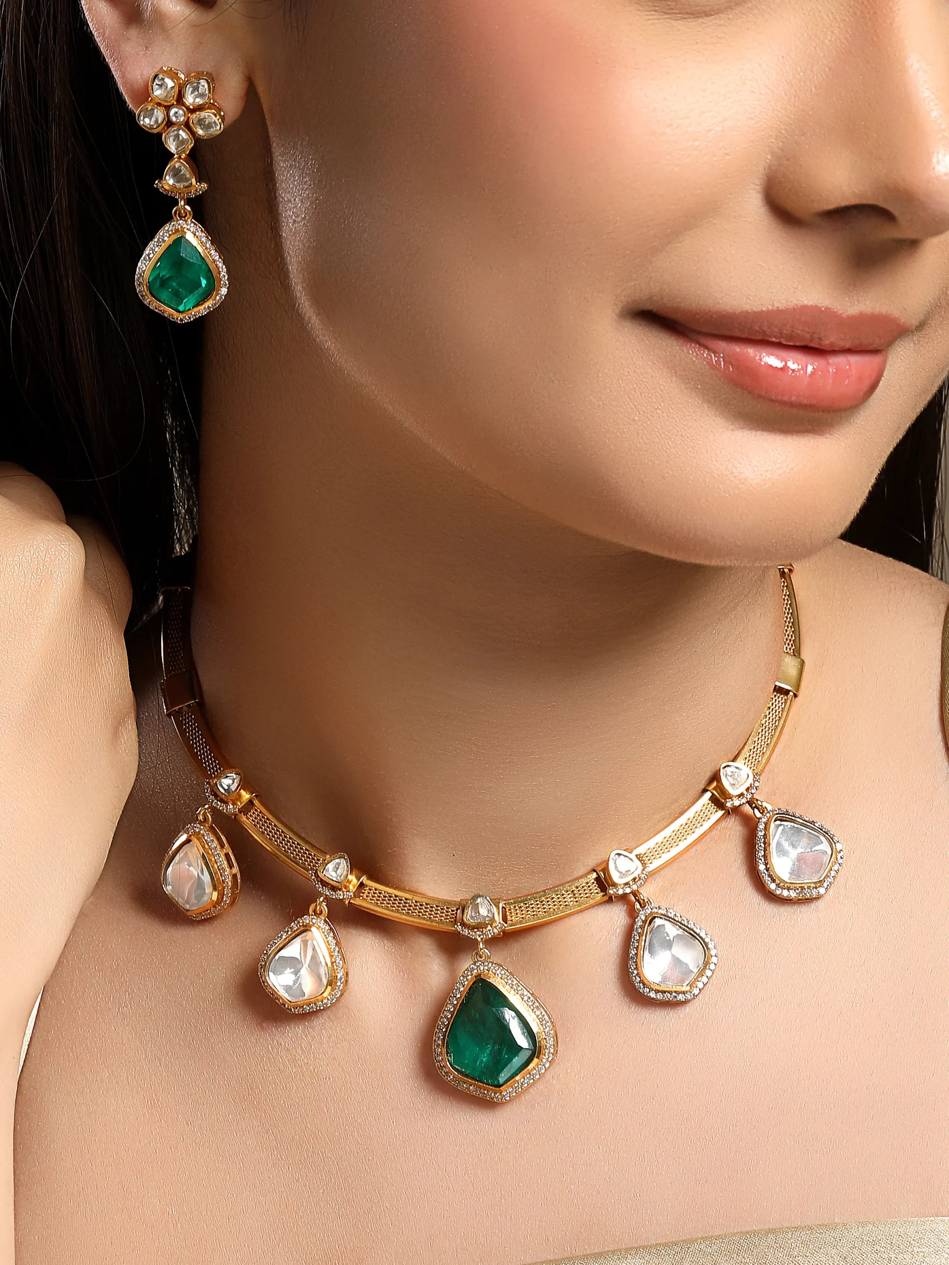 Green Agate Kundan Polki Hasli choker necklace set in micron gold polished brass from Golden Muslin By Hrisha