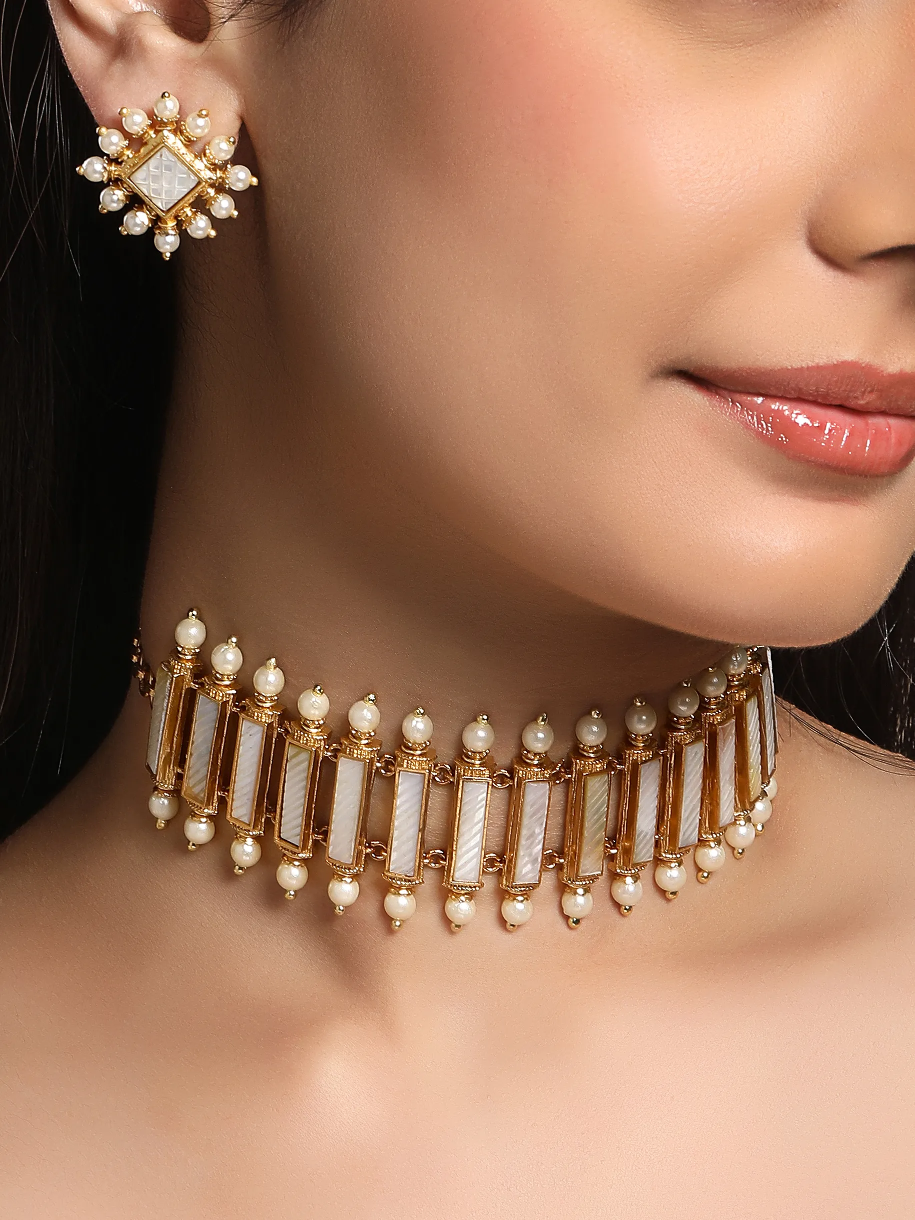 Kundan Polki pearl fringe choker necklace set in micron gold polished brass from Golden Muslin By Hrisha