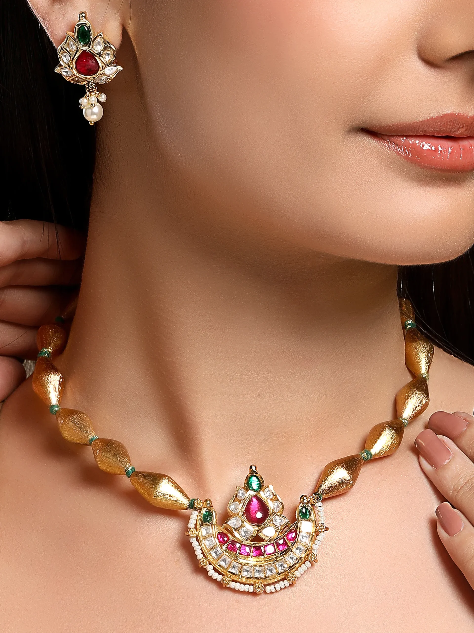 Multicolour Kundan Polki antique hasli choker necklace set in gold polish brass from Golden Muslin By Hrisha