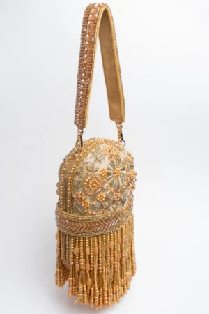 Gold Beaded Box Clutch with All-Over Tassel Embellishment