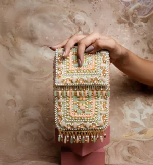 Pastel Beaded Studded Box Clutch with Elegant Beaded Handle