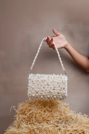 Ivory Pearl & Diamante Embellished Clutch with Elegant Glam Finish