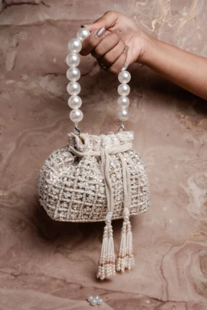 Ivory Sequin, Beaded & Pearl Work Potli with Luxurious Pearl Finish