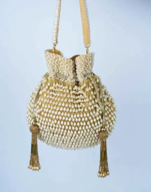 Gold Pearl Tassel Potli with Beaded and Intricate Pearl Work