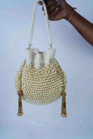 White Pearl Tassel Potli with Beaded and Intricate Pearl Work