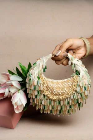 Green & Cream Lattice Work Tasseled Potli with Beaded Tassel Detail