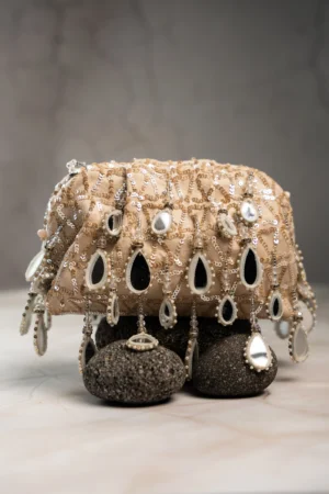 White & Silver Mirror Work Clutch with Sequin Detailing and Tassels