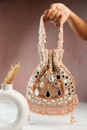 Pink Mirror, Beaded & Abla Work Potli with Pearl Finish and Tassels
