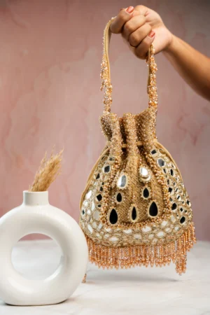Gold Mirror, Beaded & Abla Work Potli with Pearl Finish and Tassels
