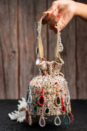 Ivory Potli with Multicolor Beads, Mirror Work and Playful Tassels