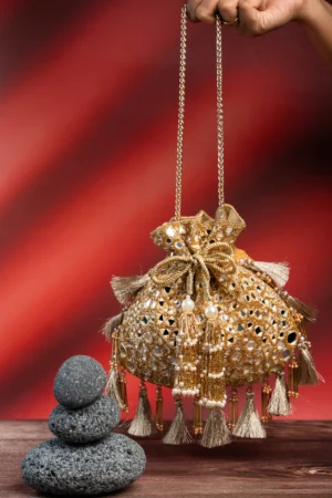 Gold Mirror & Abla Work Potli with Intricate Beaded Detailing