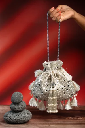 Gold Mirror & Abla Work Potli with Silver Finish and Beaded Detail