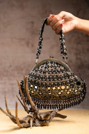 Black Mirror, Pearl & Beaded Clutch with Elegant Embellished Finish