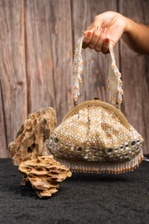Gold Mirror, Pearl & Beaded Clutch with Elegant Embellished Finish