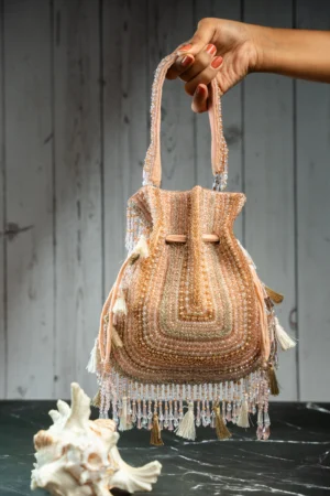Baraq Pink & Gold Beaded Potli with Intricate Work and Tassels