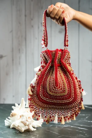 Baraq Maroon & Gold Beaded Potli with Intricate Work and Tassels