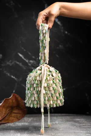 Cream & Green Beaded Tassel Potli with Intricate Handcrafted Work