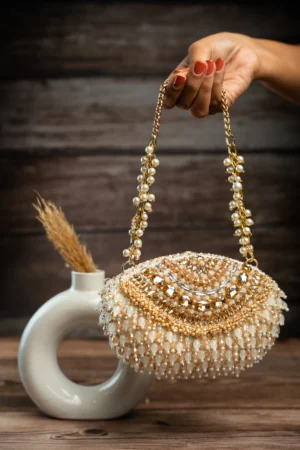 Gold & Off White Beadwork Clutch with Elegant Beaded Tassels