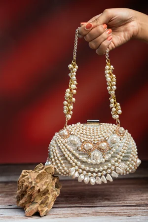 Gold & Off White Beadwork Clutch with Shell Pearl Tassel Detail
