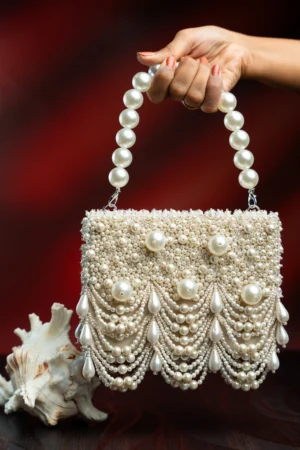 Off White Pearl Scalloped Box Clutch with All-Over Tassel Detail