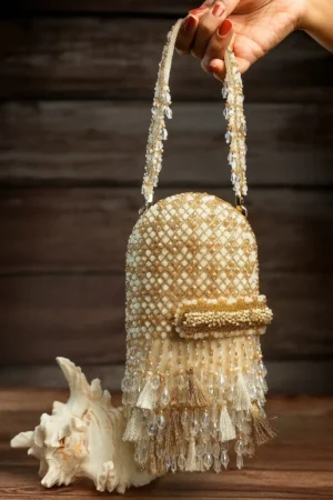 Off White Pearl & Tassel Embellished Box Clutch with Elegant Finish