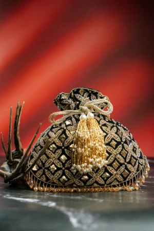 Black & Antique Gold Velvet Potli with Hand Embroidery and Crystal Fringe