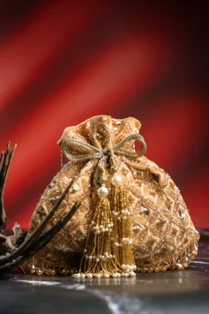 Gold Velvet Potli with Hand Embroidery, Pearl Tassels and Crystal Fringe