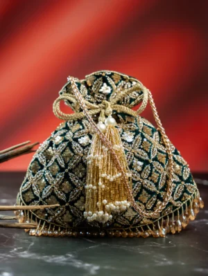 Emerald Green & Antique Gold Velvet Potli with Hand Embroidery and Tassels