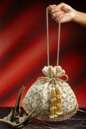 Ivory & Gold Velvet Potli with Sequin Embroidery and Crystal Fringe Detail