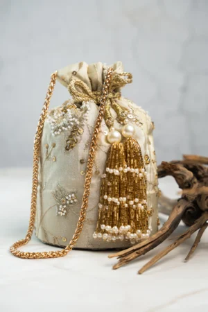 Off White Embroidered Bucket Bag with Sequins and Jute Textured Fabric Finish