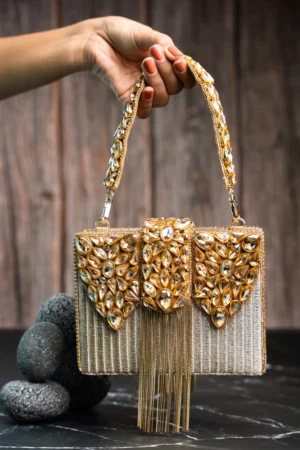 Diamond Hinted Kasse Plume Gold Crystal Clutch with Cascading Chain Detail