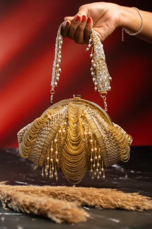 Gold Scallop Beaded Clutch with Pearl Handle and Tassel Detailing