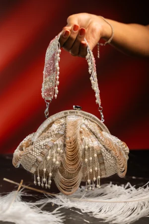 Silver & Rose Gold Scallop Beaded Clutch with Pearl Handle and Tassels