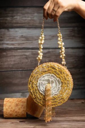 Luxe Gold Round Box Clutch with Beaded Tassels and Pearl Handle